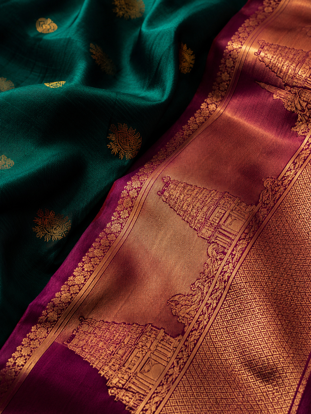 Kanjivaram silk saree with contrast temple border