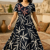 Ehsaas Navy & Red Leaf Print Midi Dress