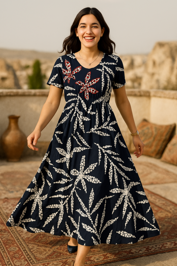 Ehsaas Navy & Red Leaf Print Midi Dress