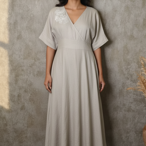 Gia Beige Linen Smocked Flared Dress