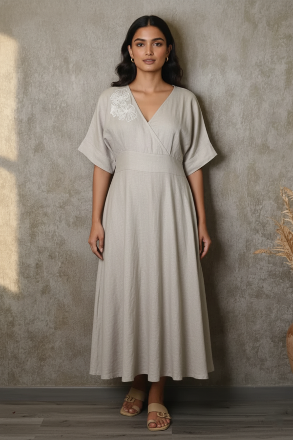 Gia Beige Linen Smocked Flared Dress