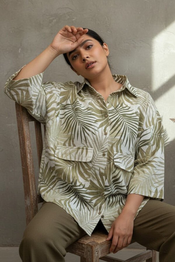 Pia Linen Leaf Print Shirt and Pants Set