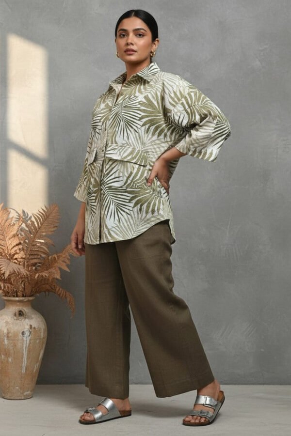Pia Linen Leaf Print Shirt and Pants Set