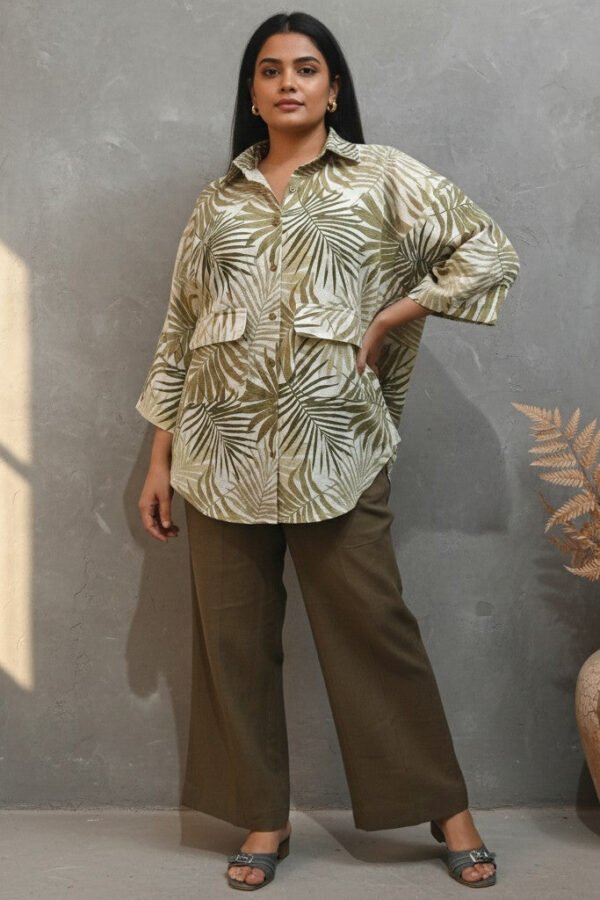 Pia Linen Leaf Print Shirt and Pants Set