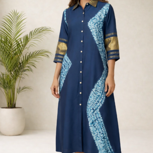 Kavya Modal Silk Shibori Dress – Blue