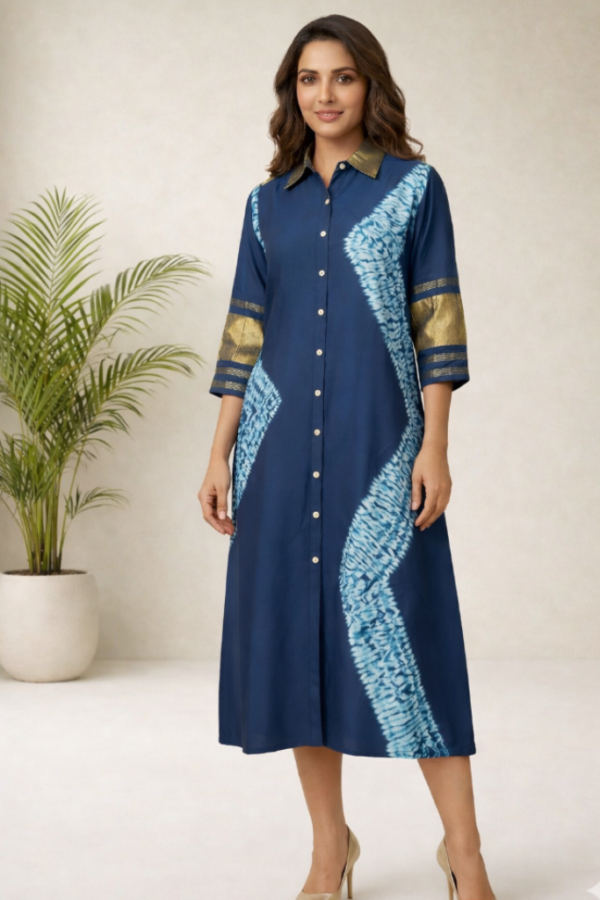 Kavya Modal Silk Shibori Dress – Blue