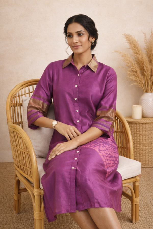 Kavya Modal Silk Shibori Shirt Dress – Purple