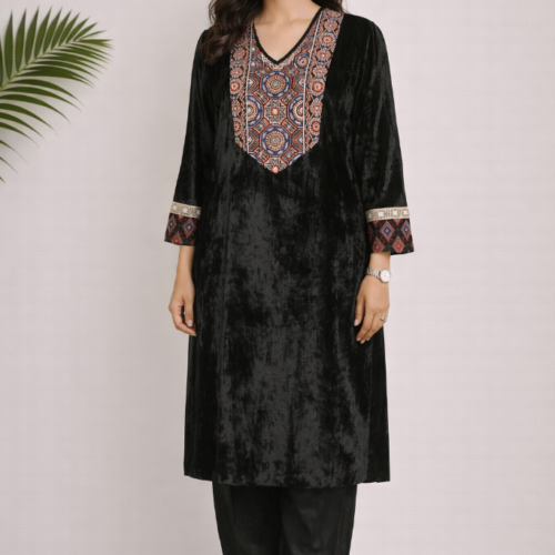 Adira Ajrakh Velvet Co-ord Set – Geometric Floral