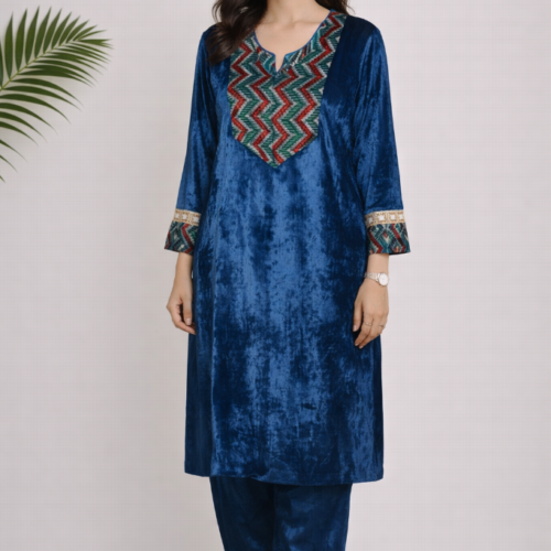 Adira Ajrakh Velvet Co-ord Set – Blue