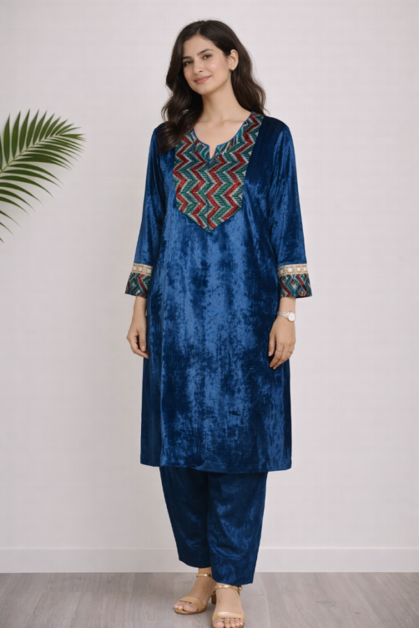 Adira Ajrakh Velvet Co-ord Set – Blue