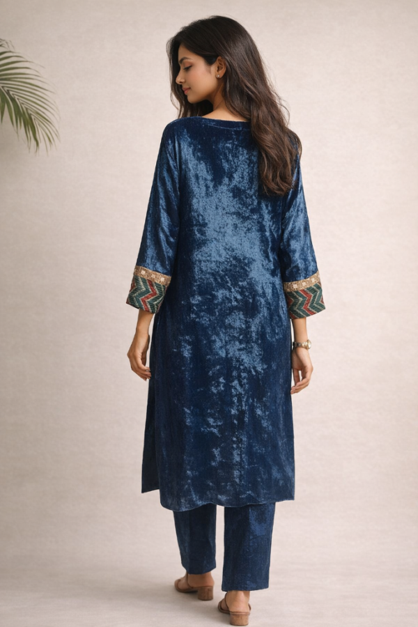 Adira Ajrakh Velvet Co-ord Set – Blue