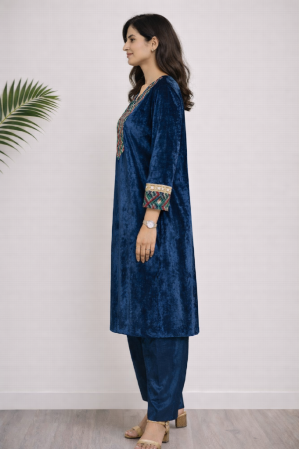 Adira Ajrakh Velvet Co-ord Set – Blue