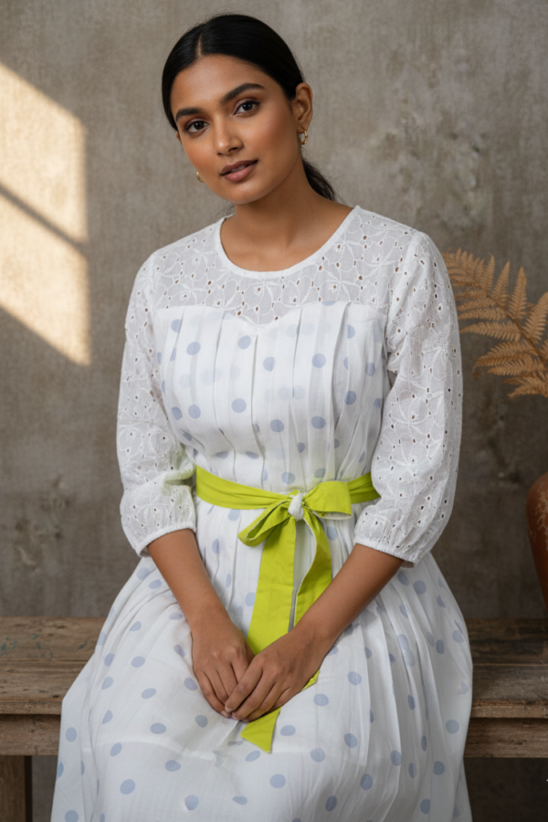 Devyani Mul Cotton Schiffli Pleated Dress