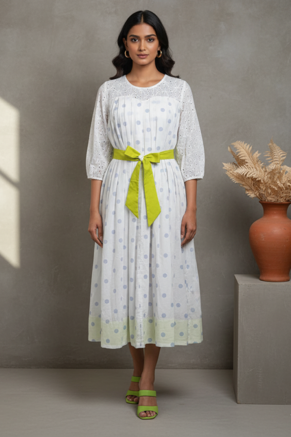 Devyani Mul Cotton Schiffli Pleated Dress