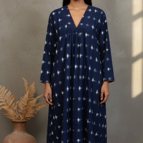 Kyra Double Ikkat Cotton V-Neck Dress