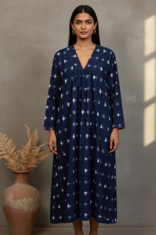 Kyra Double Ikkat Cotton V-Neck Dress