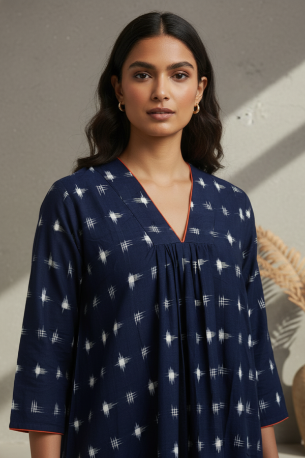 Kyra Double Ikkat Cotton V-Neck Dress