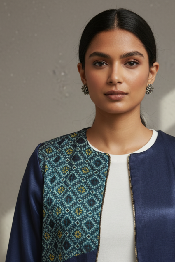 Keya Mashru Silk Ajrakh Zipper Jacket