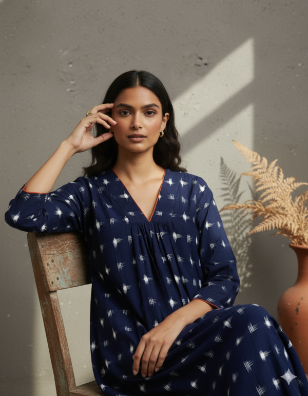 Kyra Double Ikkat Cotton V-Neck Dress