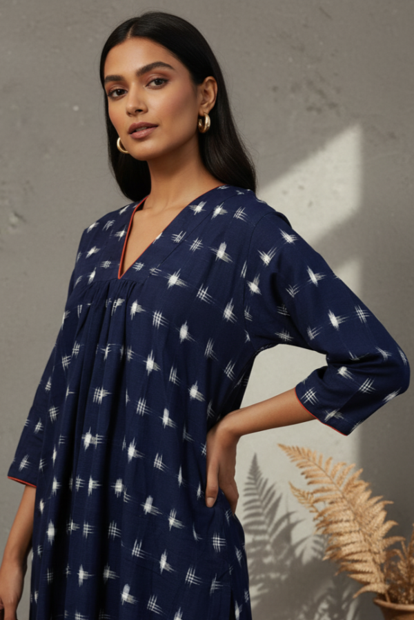 Kyra Double Ikkat Cotton V-Neck Dress