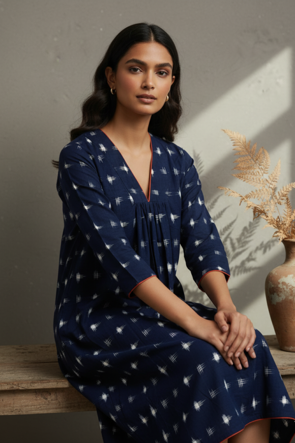 Kyra Double Ikkat Cotton V-Neck Dress