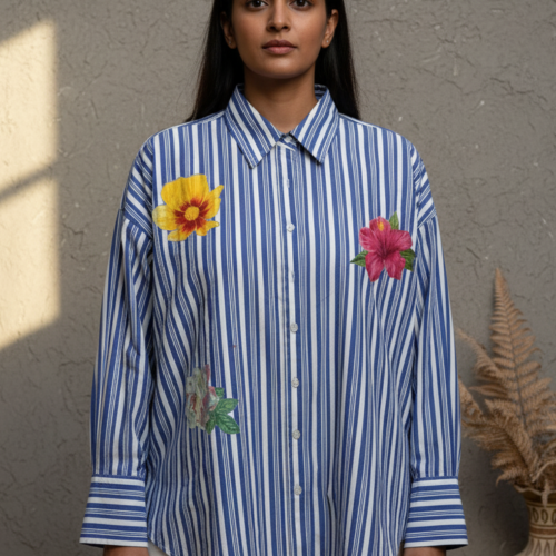 Reiko Blue Striped Poplin Applique Shirt