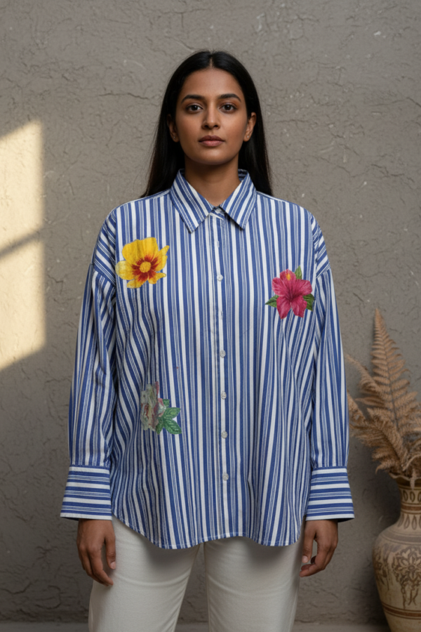 Reiko Blue Striped Poplin Applique Shirt