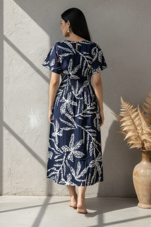 Ehsaas Navy & Red Leaf Print Midi Dress