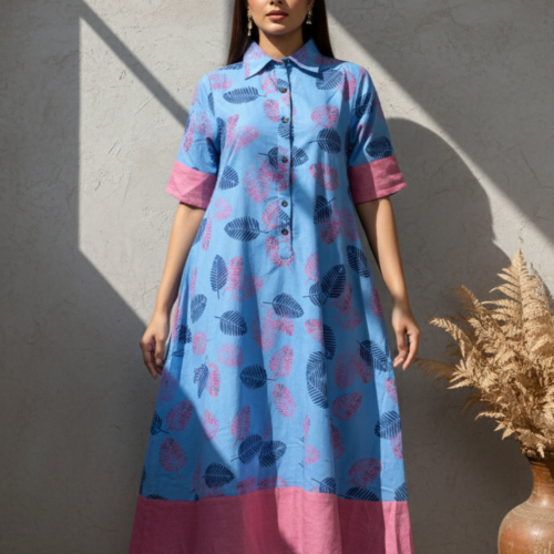 Shanaya Leaf Print Cotton Linen Midi Dress
