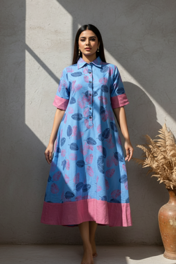 Shanaya Leaf Print Cotton Linen Midi Dress