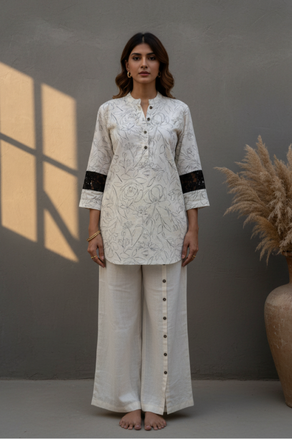 Isha Cream Linen Lace Co-ord Set
