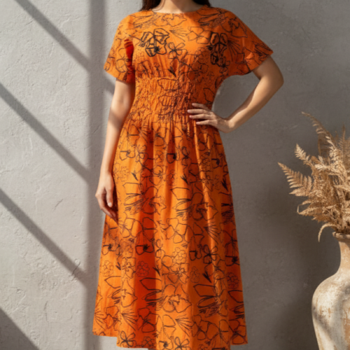 Ehsaas Orange & Black Embroidered Midi Dress