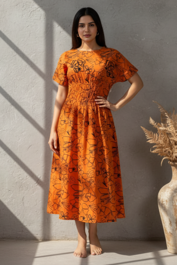 Ehsaas Orange & Black Embroidered Midi Dress