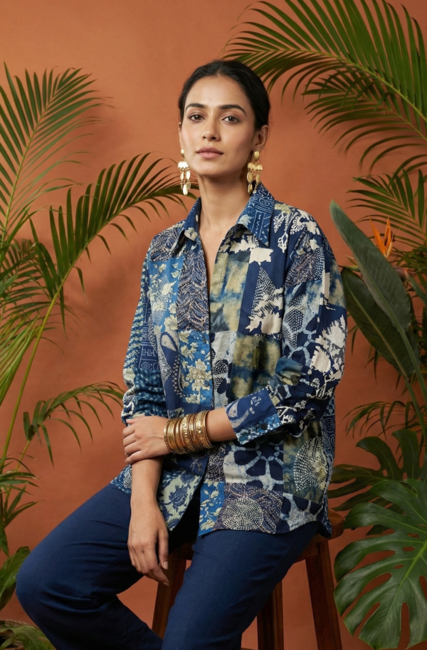 Reiko Blue Kantha Indigo Handblock Shirt