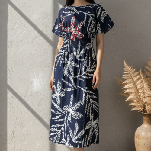 Ehsaas Navy & Red Leaf Print Midi Dress