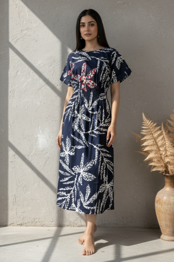 Ehsaas Navy & Red Leaf Print Midi Dress