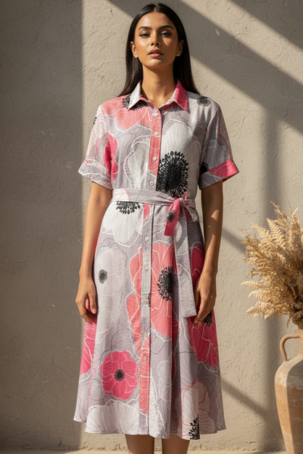 Raya Poppy Print Linen Flared Dress