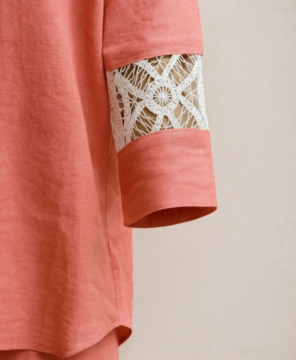 Isha Peach Linen Lace Co-ord Set