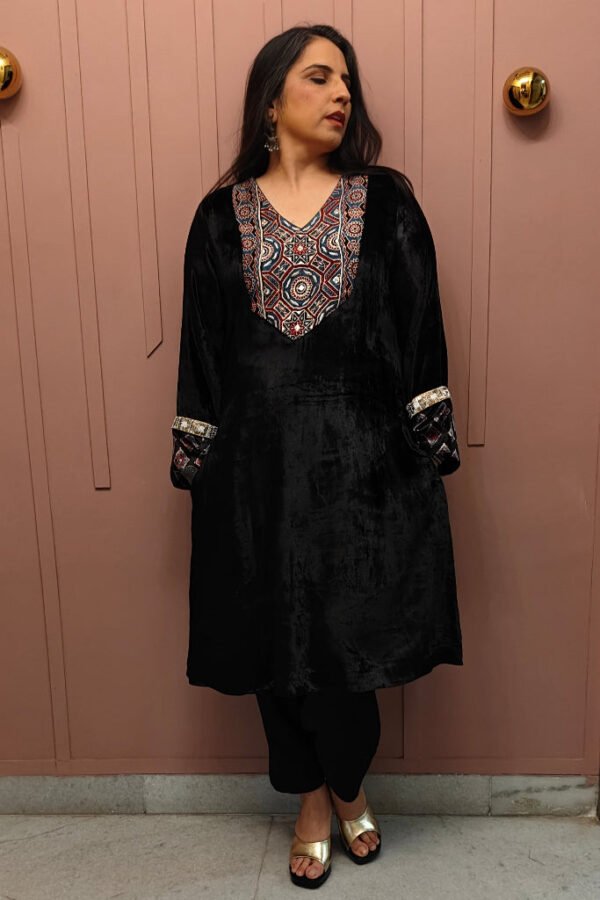 Adira Ajrakh Velvet Co-ord Set – Geometric Floral