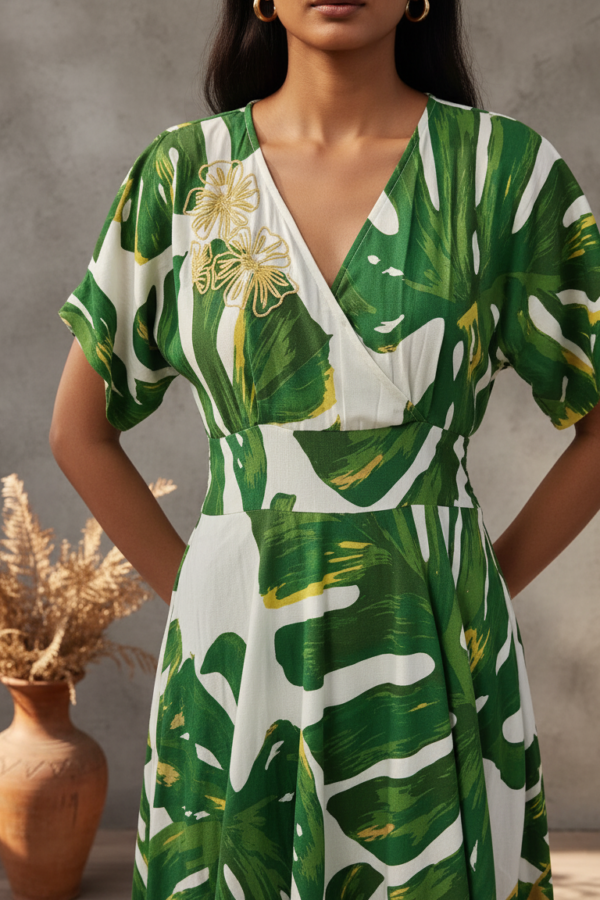 Gia Leaf Cotton Linen Smocked Dress