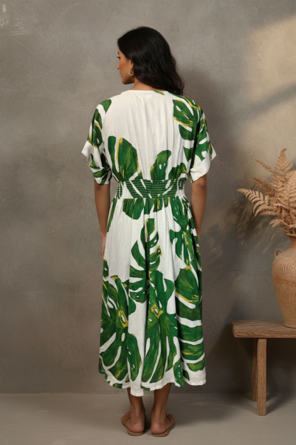 Gia Leaf Cotton Linen Smocked Dress