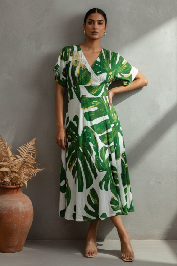 Gia Leaf Cotton Linen Smocked Dress