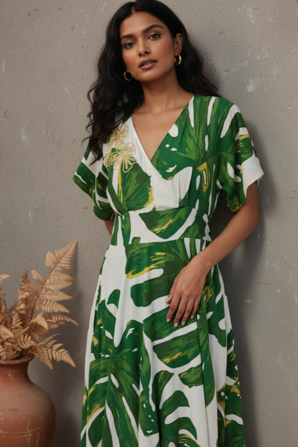 Gia Leaf Cotton Linen Smocked Dress