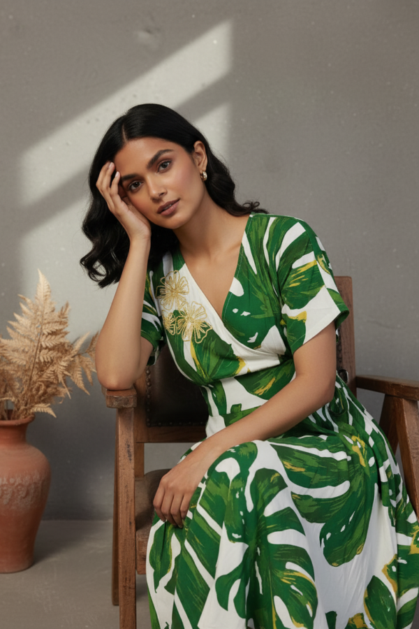 Gia Leaf Cotton Linen Smocked Dress