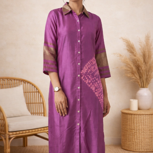 Kavya Modal Silk Shibori Shirt Dress – Purple