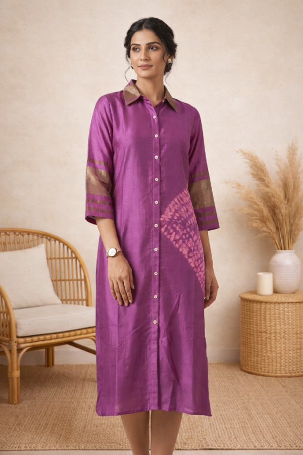 Kavya Modal Silk Shibori Shirt Dress – Purple