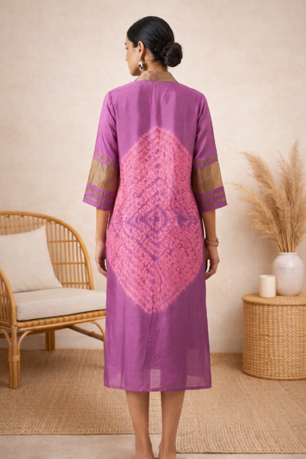 Kavya Modal Silk Shibori Shirt Dress – Purple