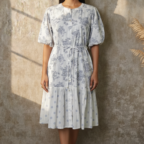 Genelia Mul Cotton Tiered Balloon Sleeve Dress