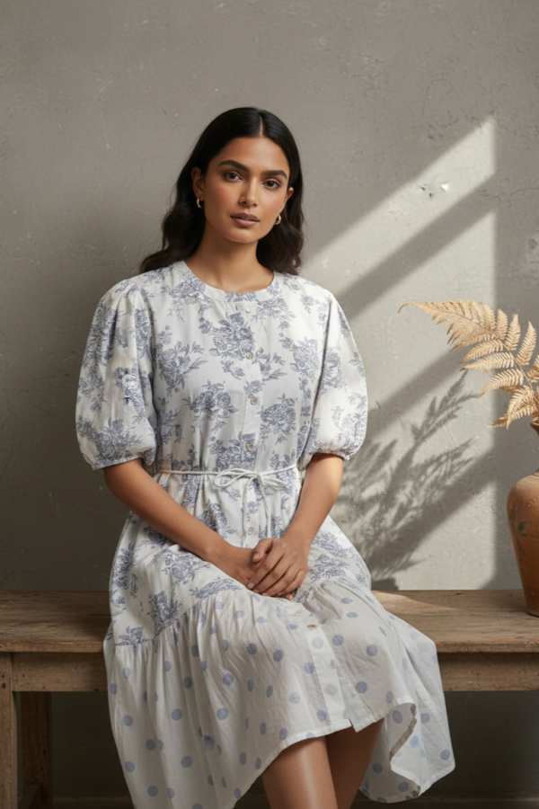 Genelia Mul Cotton Tiered Balloon Sleeve Dress