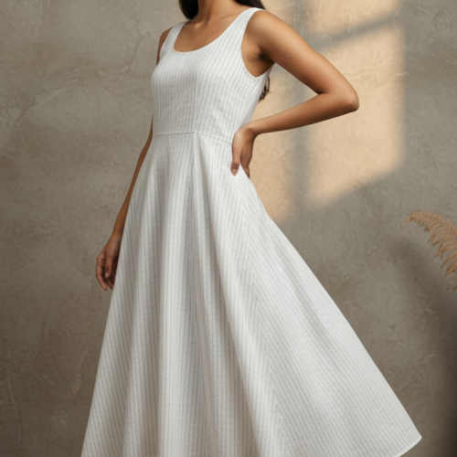 Saanvi Linen Striped Smocked Flared Dress